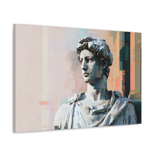 Horizontal-oriented wall art "Digital Duality III" A digital reinterpretation of a classical male statue, partially fragmented and layered with glitch-like distortions and pixelated overlays. The artwork features soft pastel tones contrasting against vibrant architectural elements, symbolizing the blend of Renaissance art and modern digital aesthetics.