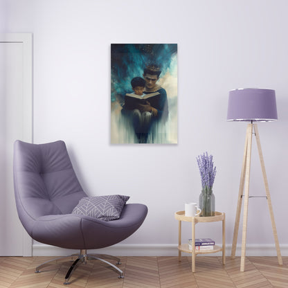 Vertical-oriented wall art: "Crowning Knowledge VI" depicts a father and son wearing golden crowns, reading a book together, surrounded by a swirling, cosmic blue and teal background. The soft, ethereal atmosphere emphasizes the serene and mystical bond of shared learning and wisdom between the two figures.