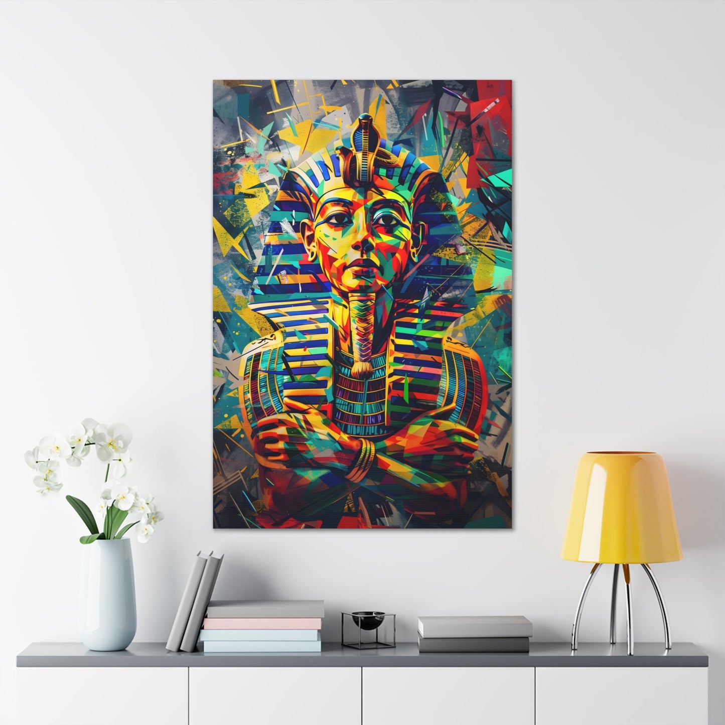 Vertical-oriented wall art: A regal portrait of King Tutankhamun, depicted with a golden headdress and adorned with ornate jewelry, exuding an aura of majesty and power.