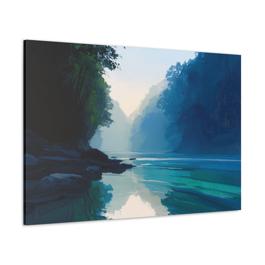 Horizontal-oriented wall art: "Currents of Color" Landscape artwork titled Currents of Color from the Bold Horizons collection, depicting a serene river surrounded by vibrant foliage and soft, diffused light. The piece features bold brushstrokes and saturated hues, capturing the tranquil flow and reflective surface of the water.