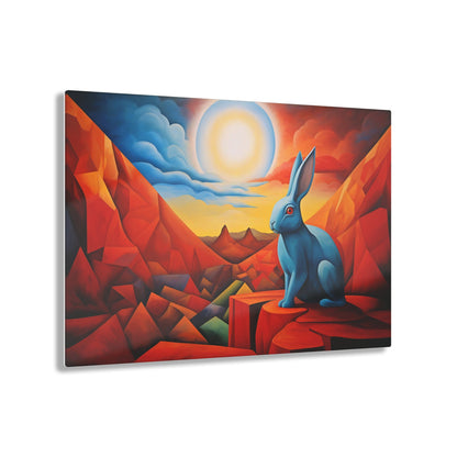 Horizontal-oriented wall art: "Vortic Hare III" features a vibrant blue rabbit sitting calmly on angular red rocks in a surreal, geometric landscape with a glowing sun in the background. The bold contrast of vivid blue, red, and orange tones evokes a dynamic fusion of Vorticism, Cubism, and Surrealism.