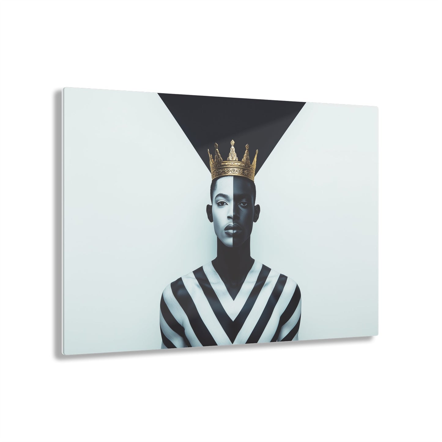 Horizontal-oriented wall art: "Crown of Dignity" A powerful portrait of a man wearing a golden crown, his face divided into bold black-and-white halves symbolizing balance and duality. The geometric background enhances the striking composition, blending regal elegance with modern precision.