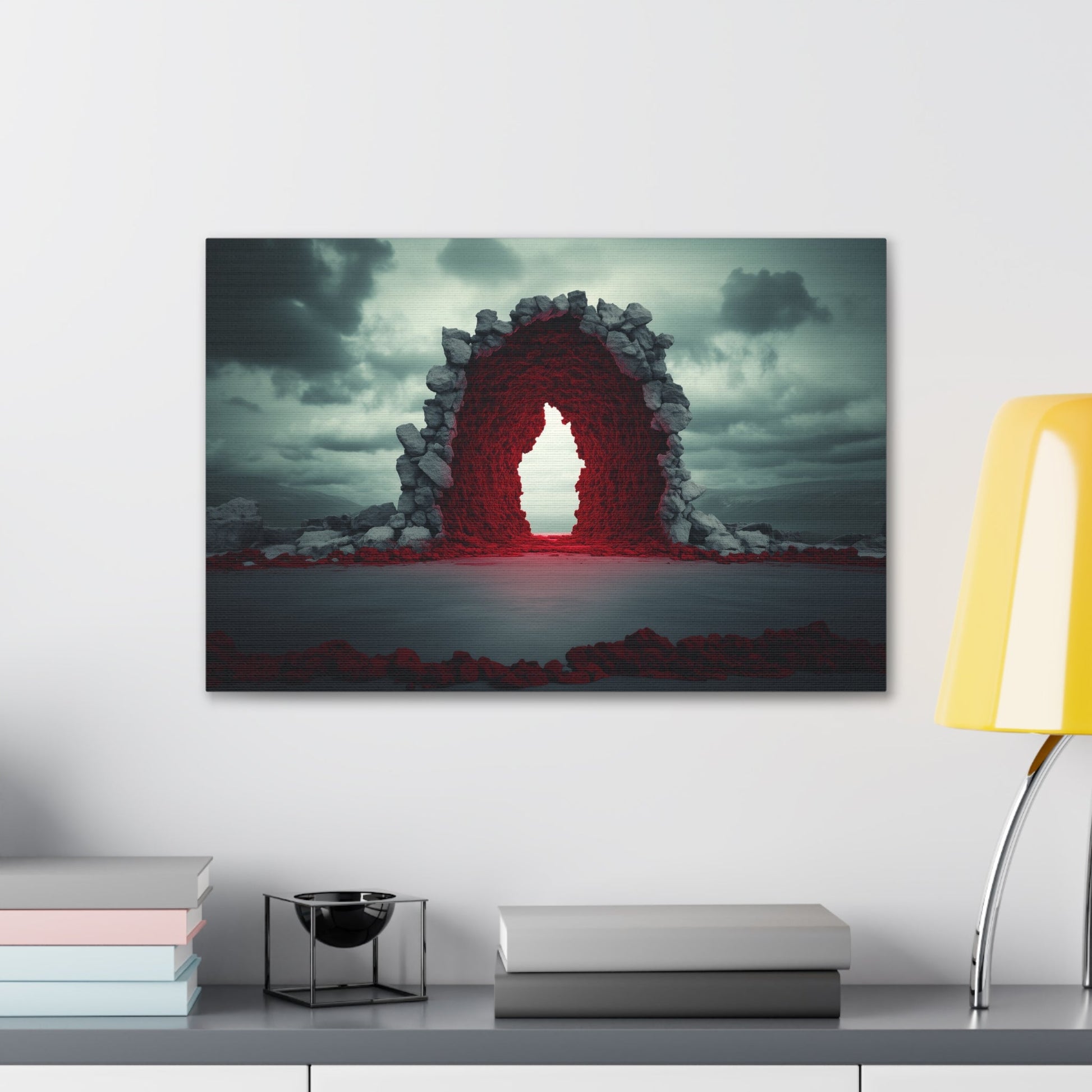 Horizontal-oriented wall art: "Portal of Possibilities" A glowing red portal framed by jagged stone stands in a barren landscape under a moody, overcast sky. The surreal scene evokes mystery and possibility, as if the gateway leads to another dimension.