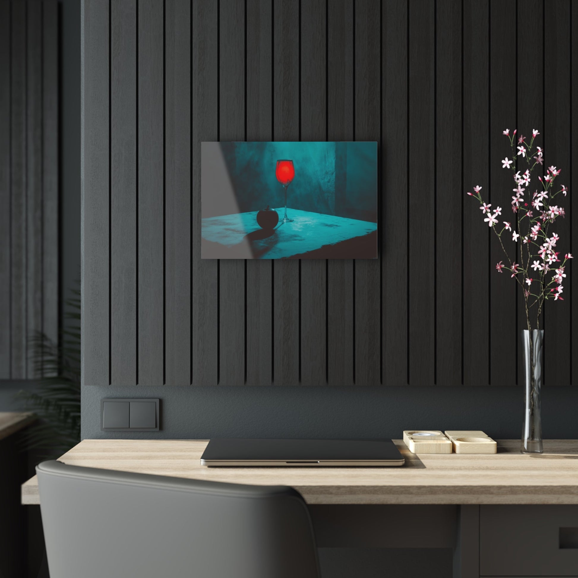 Horizontal-oriented wall art: "Eden’s Reflection" A glowing crimson wine glass and a shadowed black apple rest on a textured table, surrounded by a misty teal atmosphere. This gothic still-life composition captures an air of mystery and temptation with its striking interplay of light and shadow.