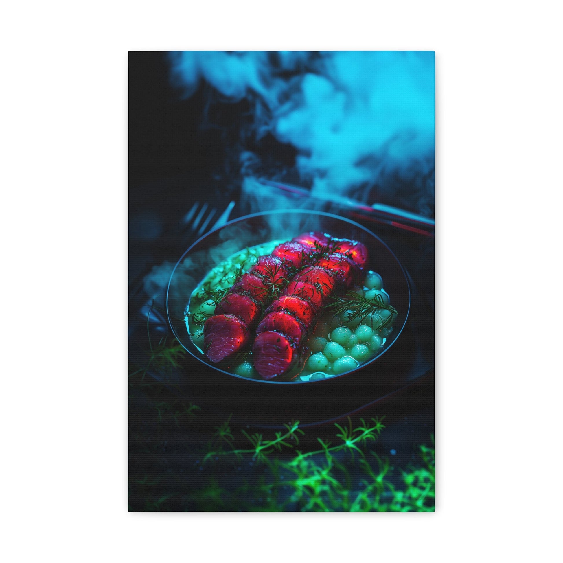 Vertical-oriented wall art: "Xeno Cuisine II." A glowing plate of vibrant red alien meat and bioluminescent green vegetables sits on a dark, misty backdrop. The surreal lighting and vivid colors evoke a futuristic, otherworldly atmosphere.