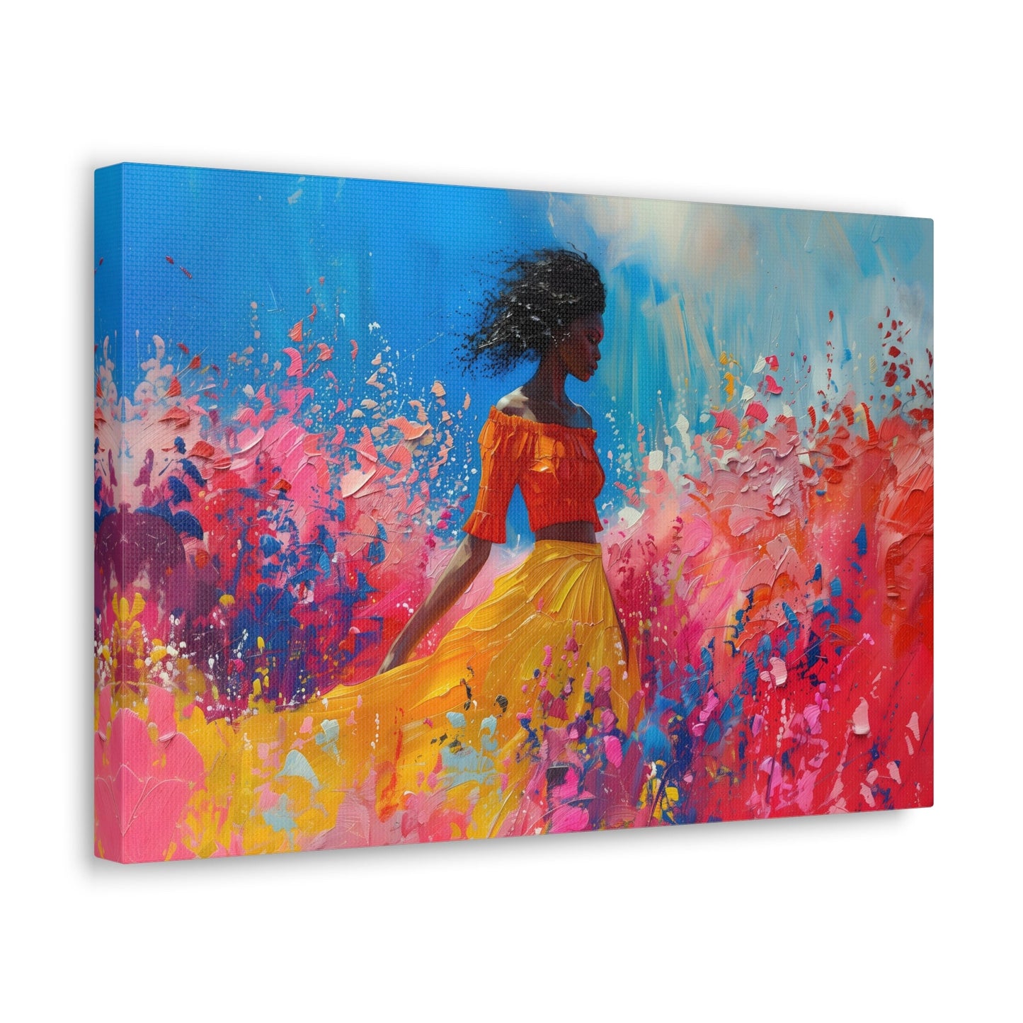 Horizontal-oriented artwork: An abstract palette knife oil painting featuring a woman walking through a colorful landscape of swirling paint splashes and vibrant hues.