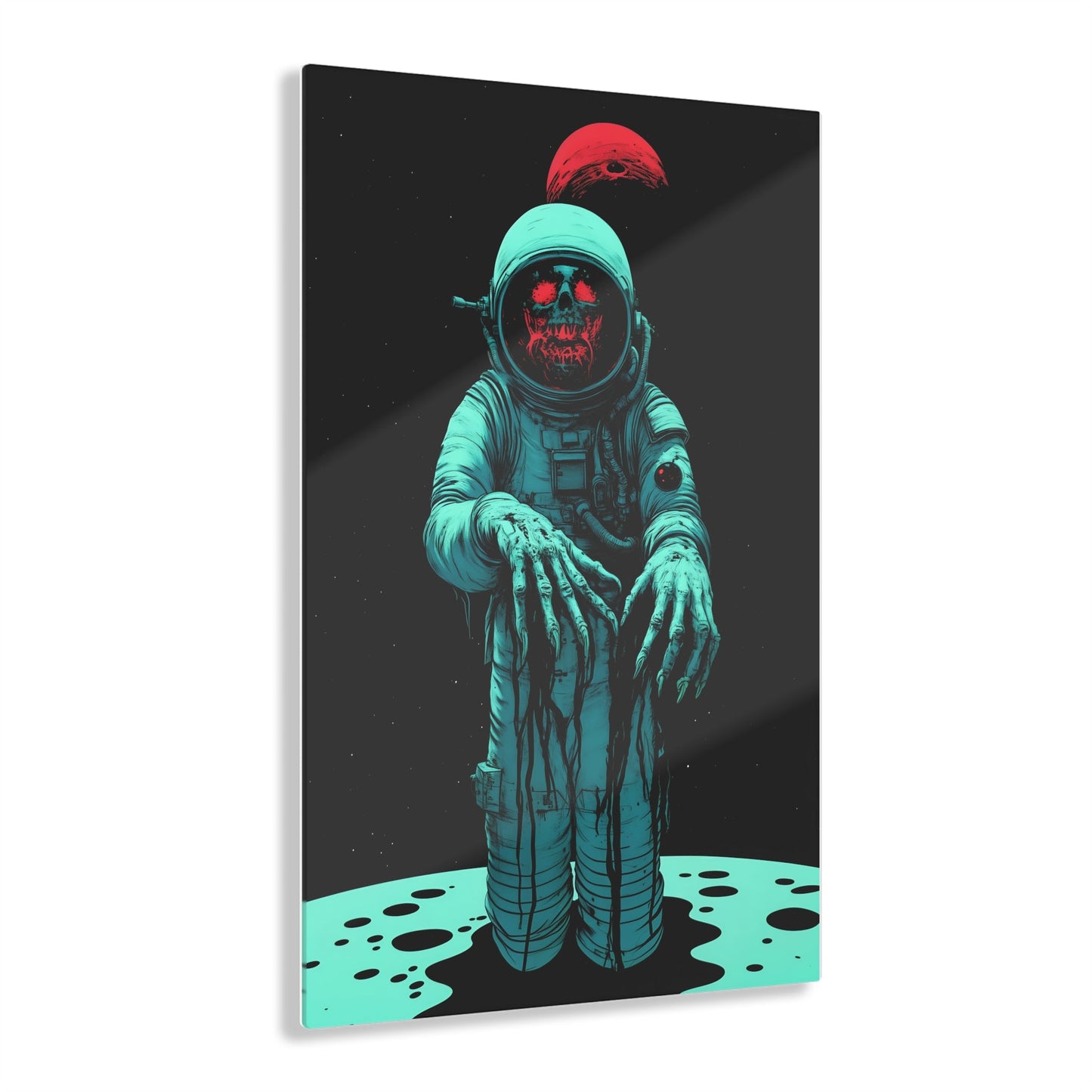 Vertical-oriented wall art: "Cosmic Remains IV" A decayed astronaut, with grotesque hands reaching forward, stands against a dark space background, illuminated by eerie teal and red tones. The haunting figure evokes a sense of cosmic horror and isolation, creating a striking contrast between the decaying form and the endless void.