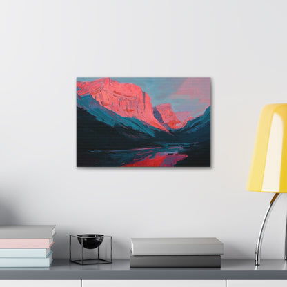 Horizontal-oriented wall art: "Timeless Peaks" Landscape artwork titled Timeless Peaks from the Bold Horizons collection, featuring vibrant crimson and pink mountains reflected in a tranquil lake. The piece highlights bold brushstrokes and a dynamic interplay of warm and cool colors, evoking majesty and serenity.