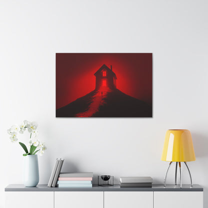 Horizontal-oriented wall art: Artwork titled Crimson Ascent from the Ruby Realms collection, featuring a glowing red house atop a hill with a solitary figure ascending a shadowed staircase. The piece creates an eerie and surreal atmosphere with its intense red glow and dramatic contrast.