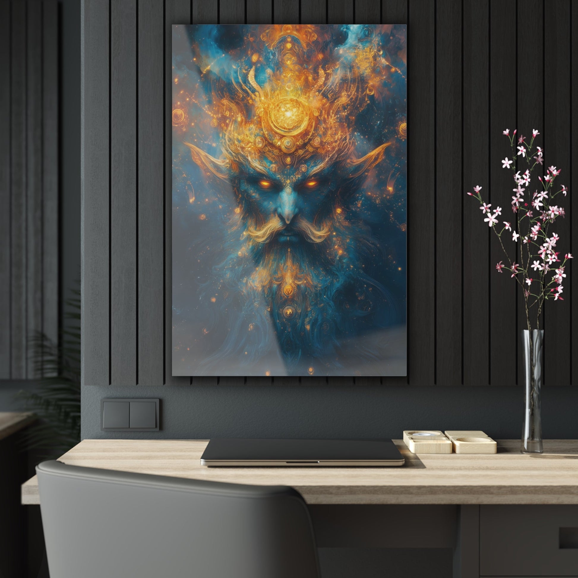 Vertical-oriented wall art "Celestial Djinn II" A cosmic djinn with glowing eyes and intricate golden patterns emerges from a swirl of azure and gold energy. This mystical artwork captures the celestial power and ancient wisdom of a divine being.