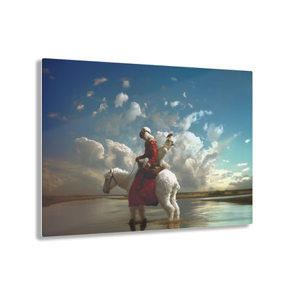 Horizontal-oriented wall art: A surreal photorealistic artwork featuring a monkey dressed in a red top and brown boots riding a white alpaca through shallow water in the desert. The monkey is accompanied by a red bird and a white parrot, all under a cloudy blue sky.