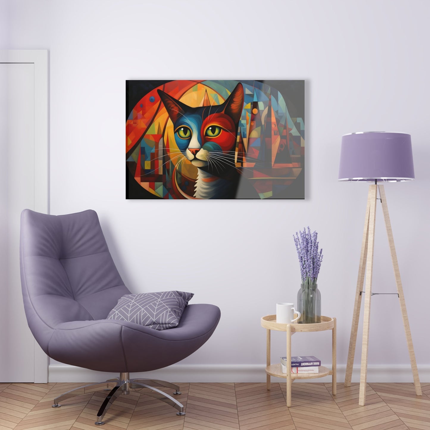 Horizontal-oriented wall art: A vibrant, abstract portrayal of a cat featuring dynamic angles and bold geometric shapes, rendered in rich, saturated colors. The composition captures the essence of the feline’s curiosity and grace, offering a modernist perspective on the animal world.