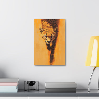 Vertical-oriented wall art: A striking portrait of a cheetah, set against a vibrant orange background, captures the animal’s focused gaze and sleek body as it moves forward. The minimalistic backdrop with dynamic brushstrokes accentuates the cheetah’s speed and agility, while its realistic details stand out in contrast to the abstract surroundings.