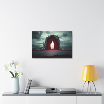 Horizontal-oriented wall art: "Portal of Possibilities" A glowing red portal framed by jagged stone stands in a barren landscape under a moody, overcast sky. The surreal scene evokes mystery and possibility, as if the gateway leads to another dimension.