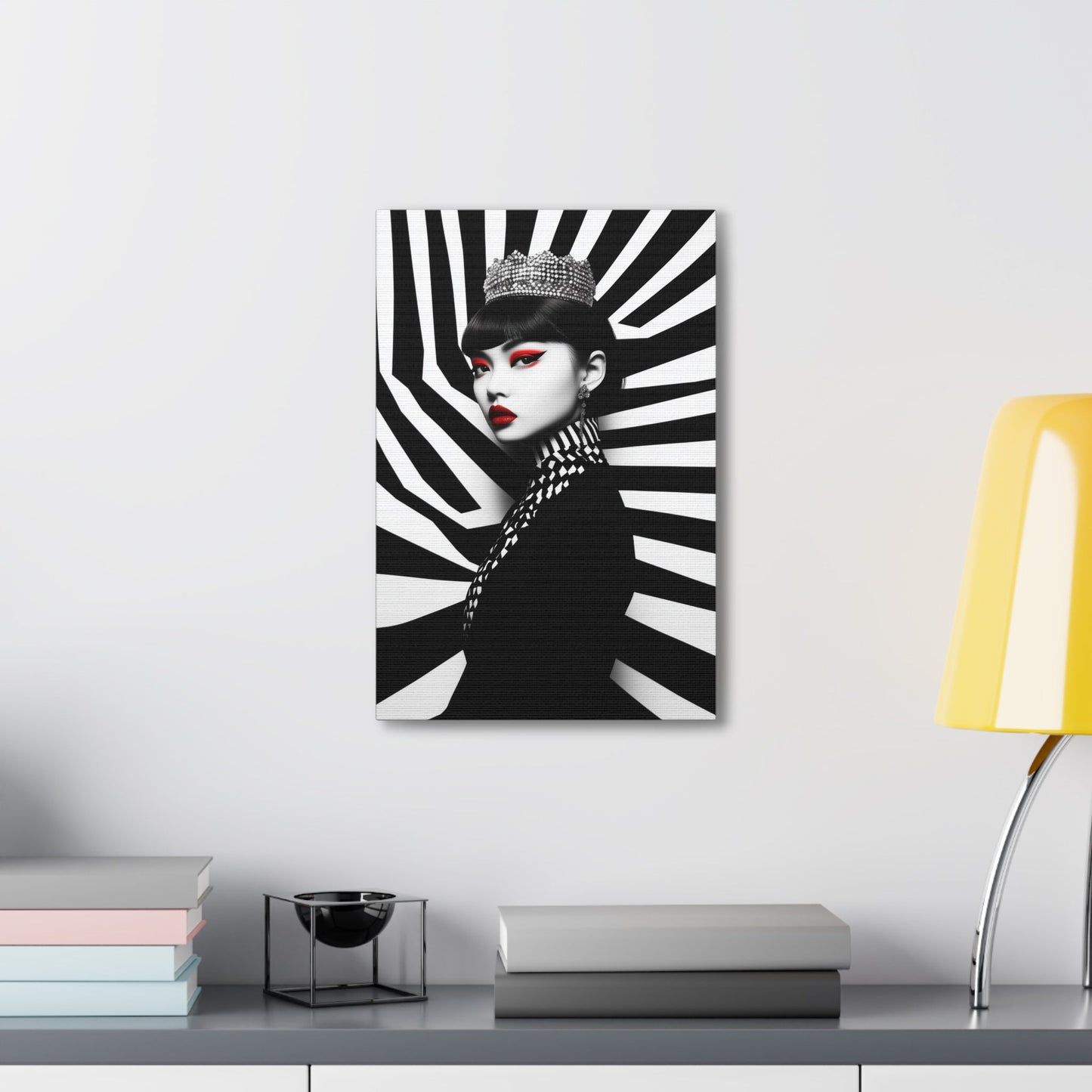 Vertical-oriented wall art: "Empress of Symmetry II" A striking portrait of an elegant Asian queen wearing a jeweled crown, set against a dynamic black-and-white geometric background with vivid red accents. This bold artwork combines regal sophistication with modern design, showcasing a captivating fusion of power and beauty.