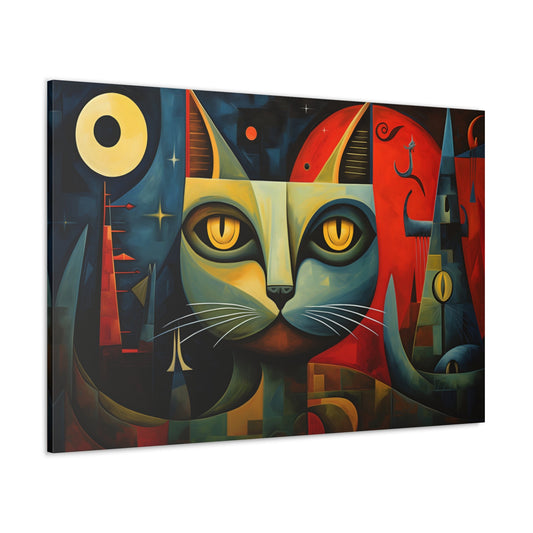 Horizontal-oriented wall art: A Cubist-inspired cat stares directly at the viewer, its eyes glowing with intensity against a backdrop of geometric shapes in deep blues, reds, and yellows. The abstract and surreal composition captures the feline's enigmatic nature, blending elements of modern art movements to create a vivid, otherworldly scene.