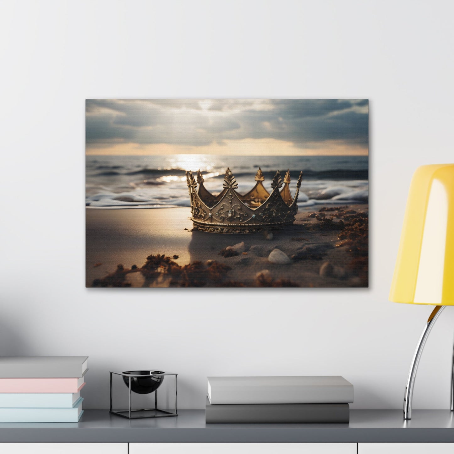 Horizontal-oriented wall art: "Find Your Crown" A golden crown rests gracefully on a sandy shore, illuminated by the warm glow of a sunset over gentle ocean waves. This evocative scene symbolizes self-discovery and the pursuit of inner majesty.