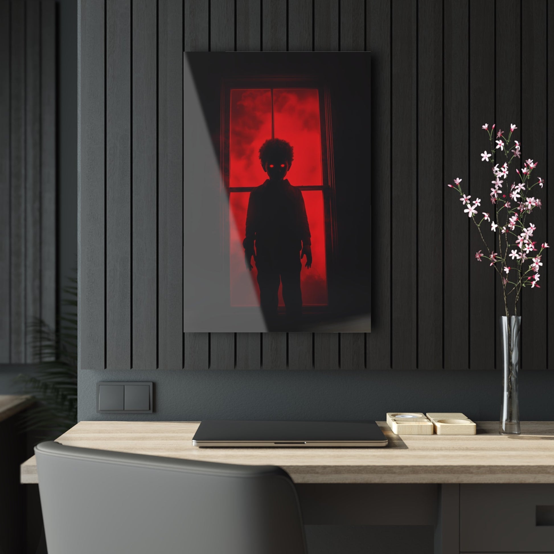 Vertical-oriented wall art: "Shadows in the Mist II." A shadowy child-like figure with glowing red eyes stands against a crimson-illuminated window, shrouded in red mist and black silhouettes, evoking an eerie and supernatural atmosphere.