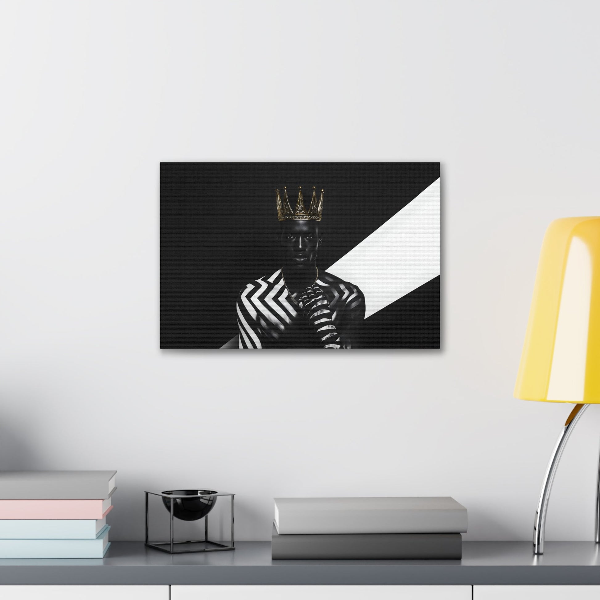 Horizontal-oriented wall art: "Crown of Dignity III" A striking portrait of a regal figure wearing a metallic gold crown, adorned in bold black and white geometric patterns. The artwork captures a modern, dignified presence, blending contemporary abstraction with royal elegance against a high-contrast background.