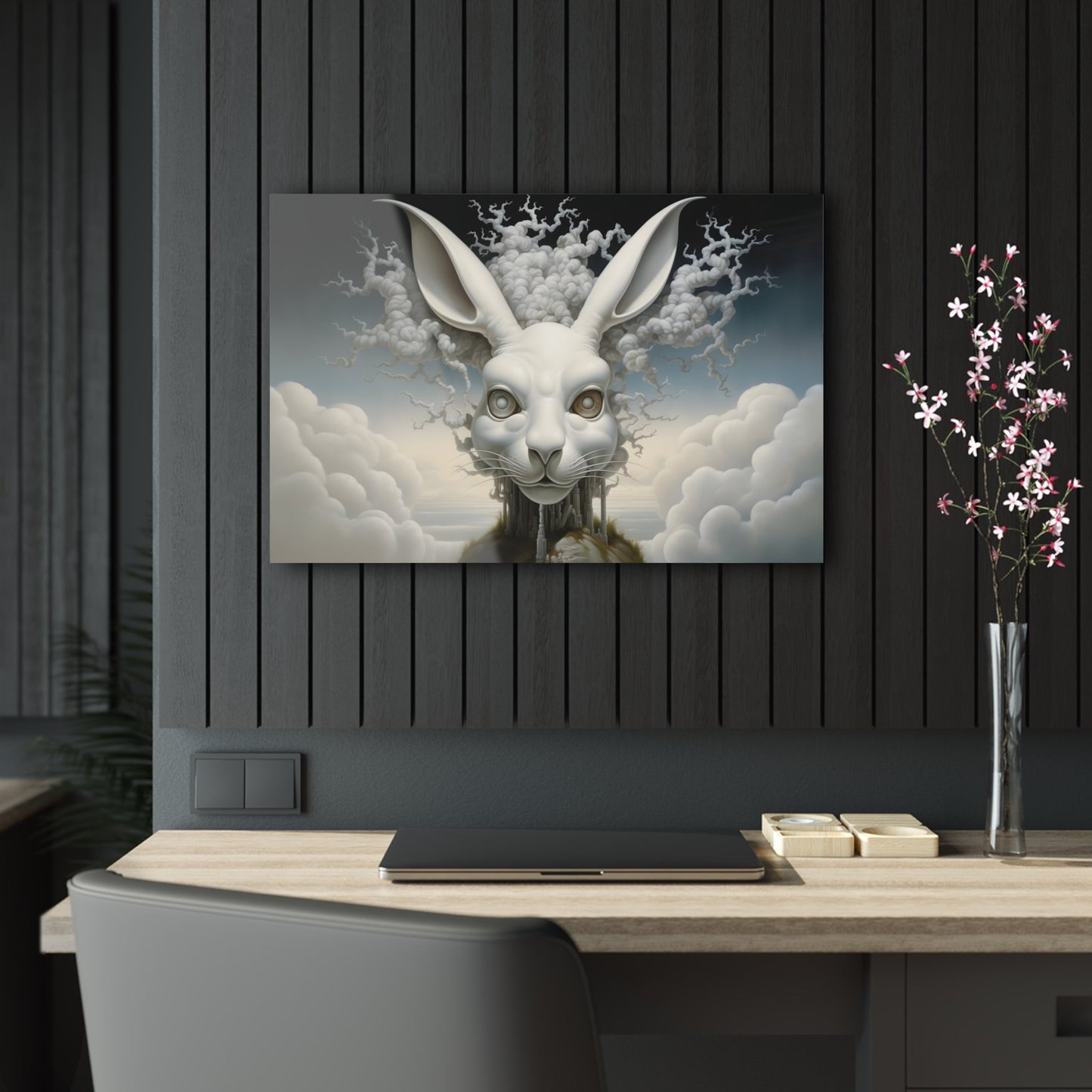 Horizontal-oriented wall art: A surreal, oversized white hare with mechanical eyes is depicted in the center, surrounded by swirling cloud-like forms. The background features a dreamy, ethereal landscape with hints of industrial architecture, blending natural and abstract elements.