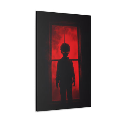 Vertical-oriented wall art: "Shadows in the Mist II." A shadowy child-like figure with glowing red eyes stands against a crimson-illuminated window, shrouded in red mist and black silhouettes, evoking an eerie and supernatural atmosphere.