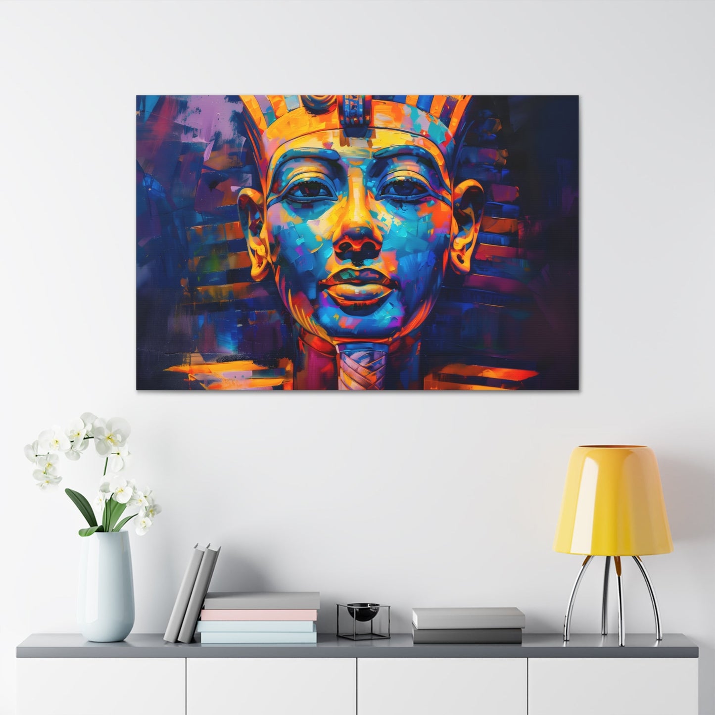 Horizontal-oriented wall art: A regal portrait of King Tutankhamun, depicted with a golden headdress and adorned with ornate jewelry, exuding an aura of majesty and power.