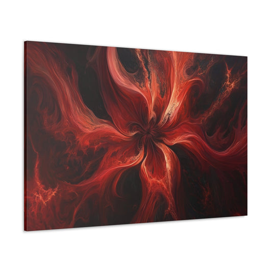 Horizontal-oriented wall art: "Ember Bloom" A striking abstract artwork of a flower in rich, fiery shades of crimson and maroon, radiating from a dark center. The swirling petals create a mesmerizing, gothic-inspired bloom with an intense, moody atmosphere.