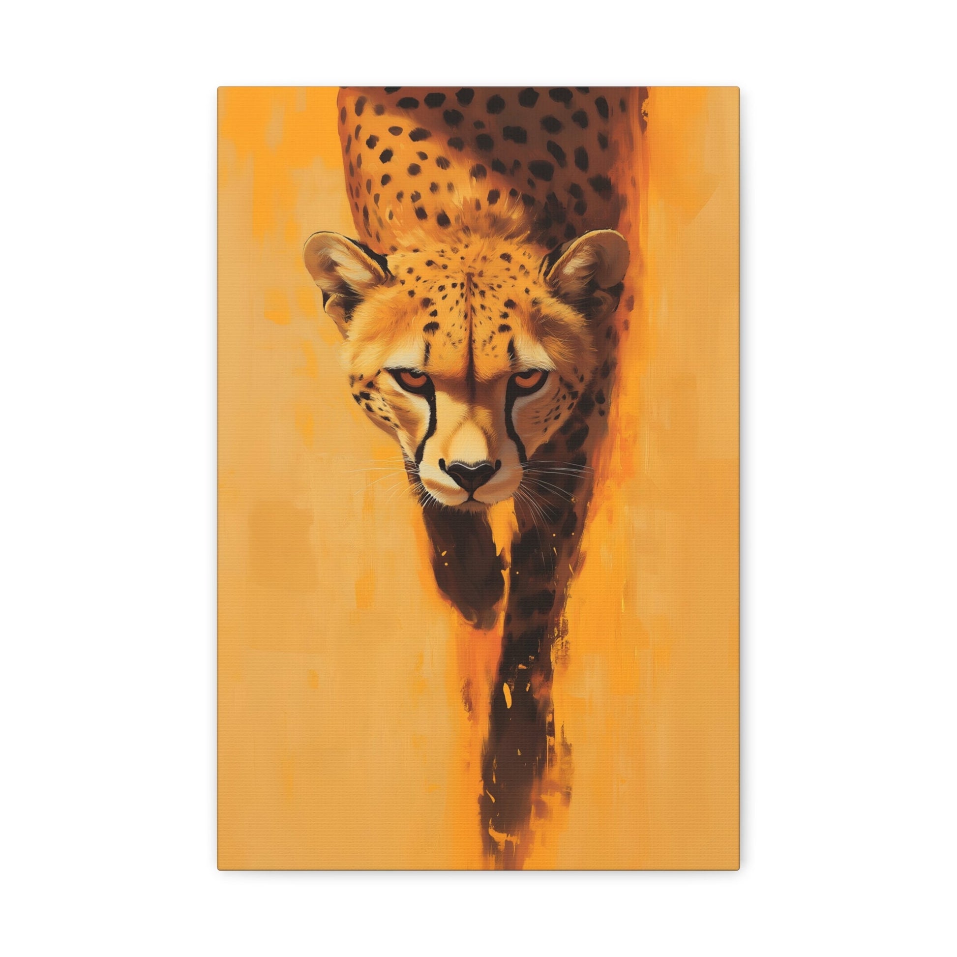 Vertical-oriented wall art: A striking portrait of a cheetah, set against a vibrant orange background, captures the animal’s focused gaze and sleek body as it moves forward. The minimalistic backdrop with dynamic brushstrokes accentuates the cheetah’s speed and agility, while its realistic details stand out in contrast to the abstract surroundings.