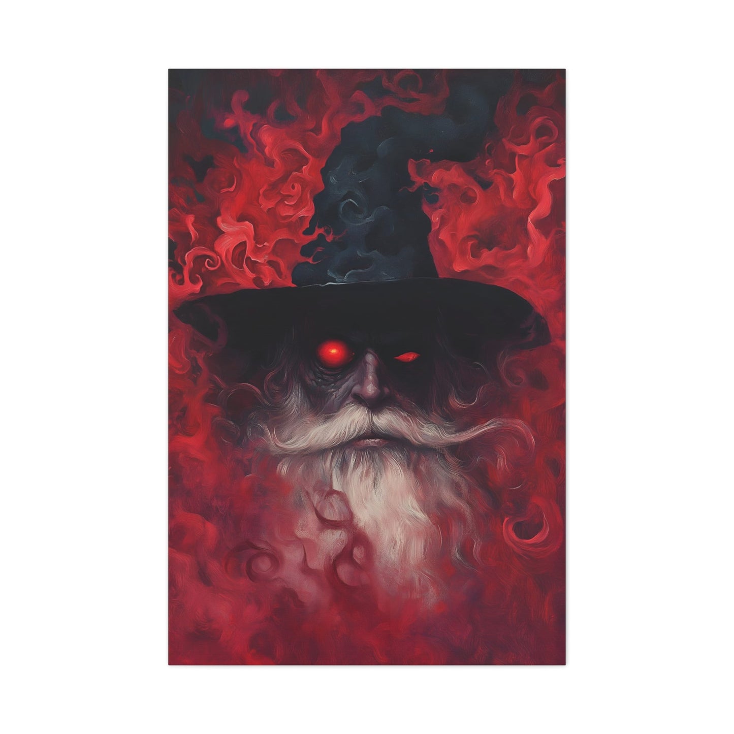 Vertical-oriented wall art: "The Wizard's Veil II" A mysterious wizard with glowing red eyes emerges from a swirling, crimson mist, his expression intense and otherworldly. The deep reds and intricate textures create an aura of magic and dark fantasy, drawing viewers into his enchanted realm.