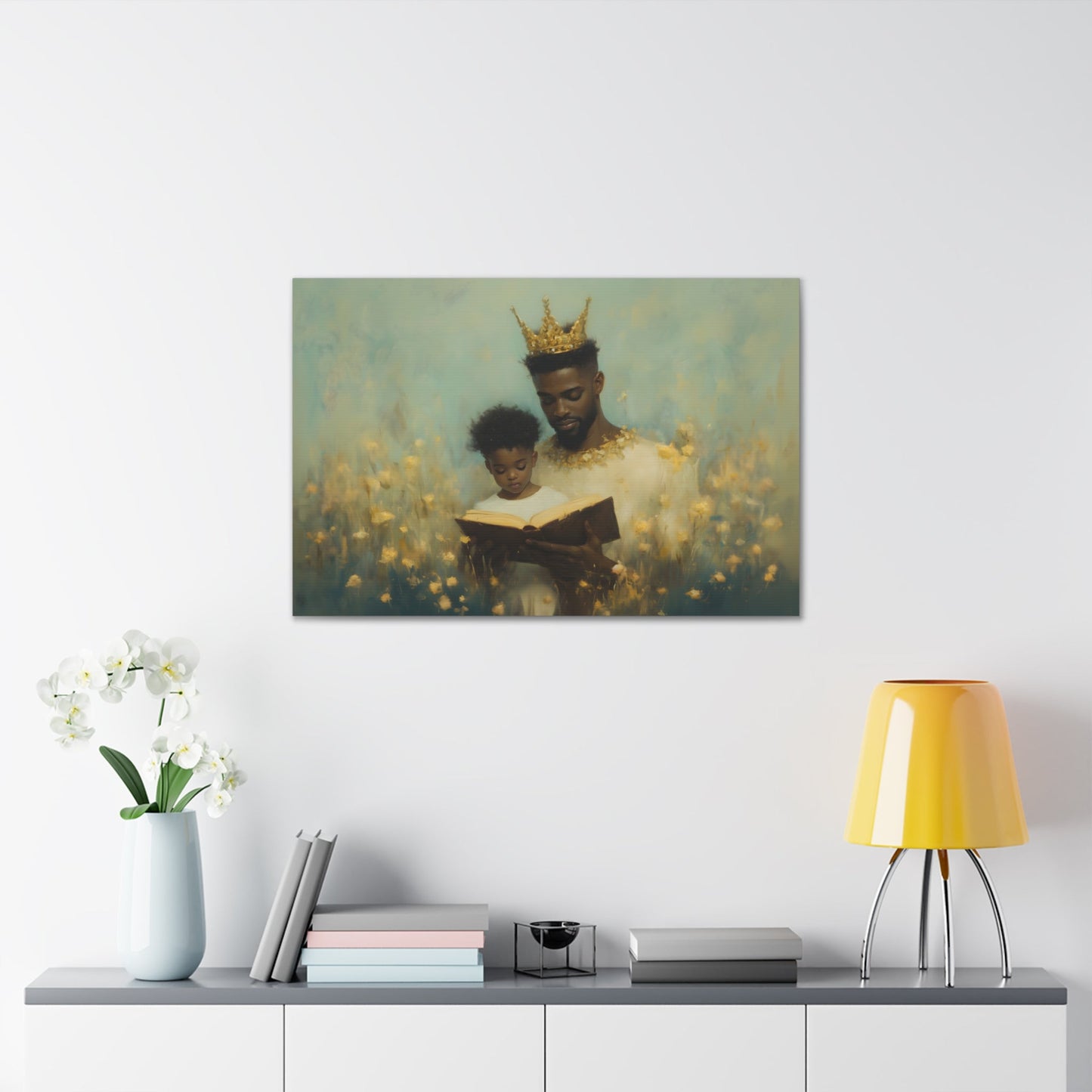 Horizontal-oriented wall art: A kingly father reads to his princely son, both adorned with crowns symbolizing the value of education. The painting features a magical realism style with whimsical elements, emphasizing the importance of knowledge and the bond between generations.