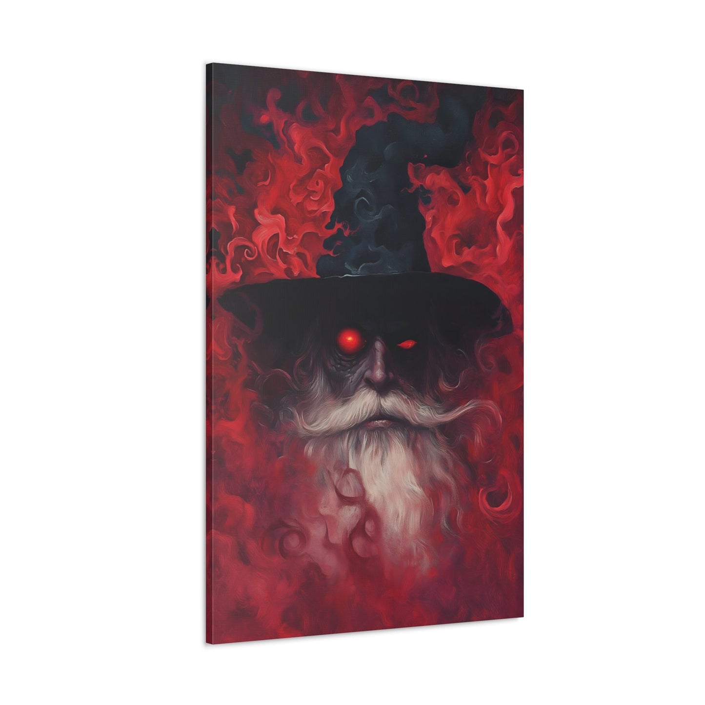 Vertical-oriented wall art: "The Wizard's Veil II" A mysterious wizard with glowing red eyes emerges from a swirling, crimson mist, his expression intense and otherworldly. The deep reds and intricate textures create an aura of magic and dark fantasy, drawing viewers into his enchanted realm.