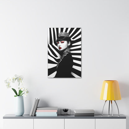 Vertical-oriented wall art: "Empress of Symmetry II" A striking portrait of an elegant Asian queen wearing a jeweled crown, set against a dynamic black-and-white geometric background with vivid red accents. This bold artwork combines regal sophistication with modern design, showcasing a captivating fusion of power and beauty.