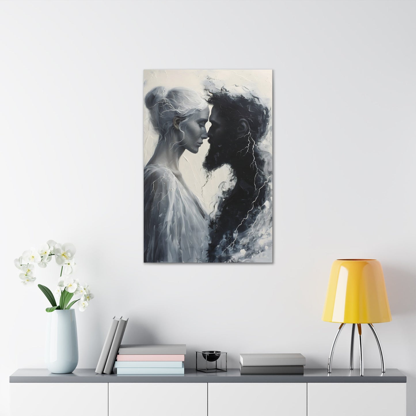 Vertical-oriented wall art: "Storm of Affection" from the Elysian Legends collection depicts Zeus and Hera in a surreal, tempestuous scene surrounded by swirling clouds and lightning, symbolizing their passionate and conflict-filled love. The dramatic lighting and ethereal elements enhance the divine and mythical atmosphere, drawing viewers into the epic narrative of these Greek gods.