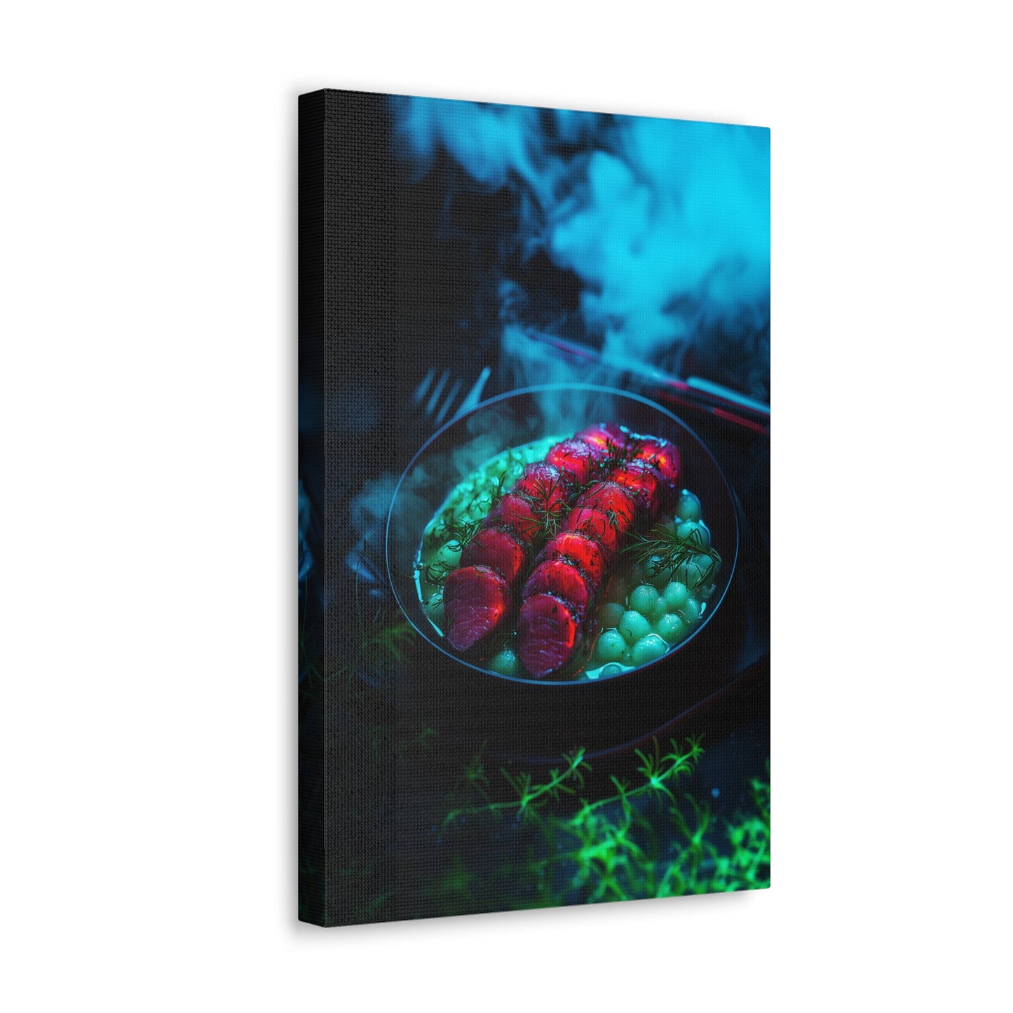 Vertical-oriented wall art: "Xeno Cuisine II." A glowing plate of vibrant red alien meat and bioluminescent green vegetables sits on a dark, misty backdrop. The surreal lighting and vivid colors evoke a futuristic, otherworldly atmosphere.