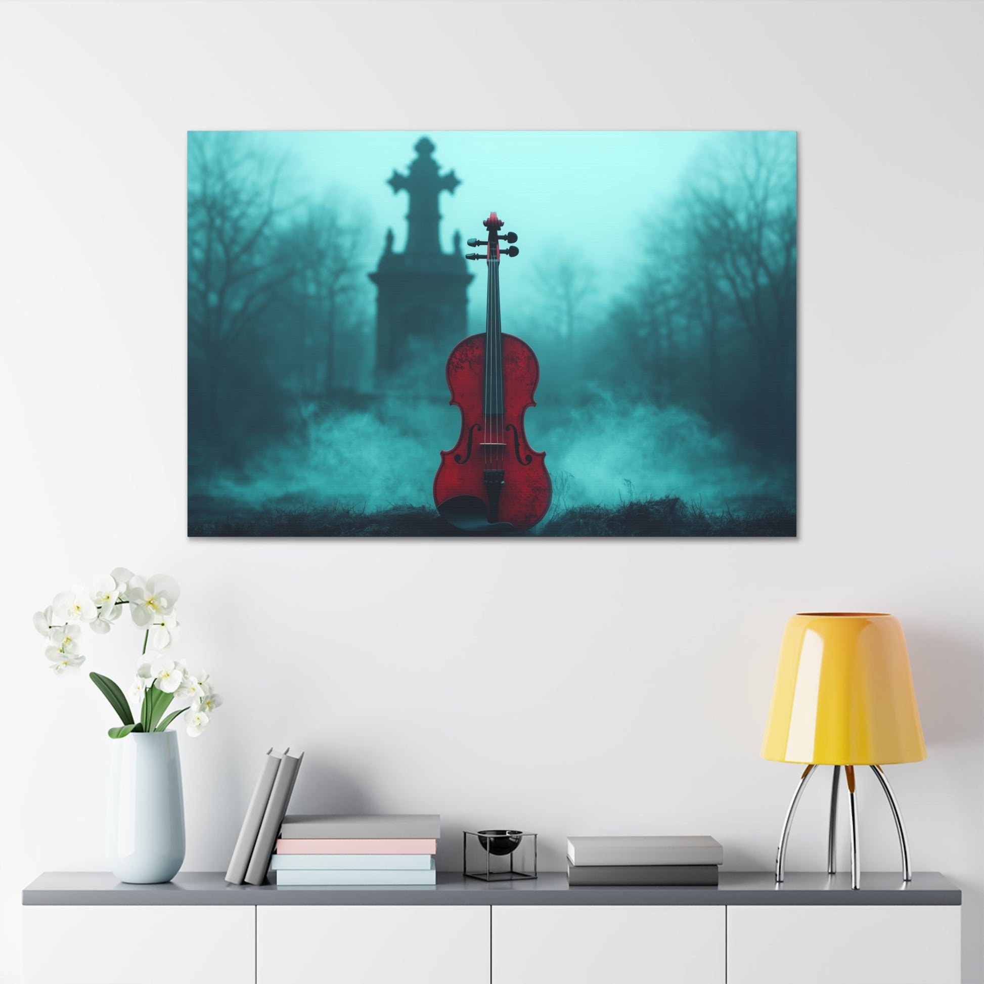 Horizontal-oriented wall art: "The Mourning Violin." A vivid red violin stands alone in a misty graveyard, framed by a dark, Gothic cross in the background. Diffused teal lighting and soft shadows create a haunting and melancholic atmosphere.