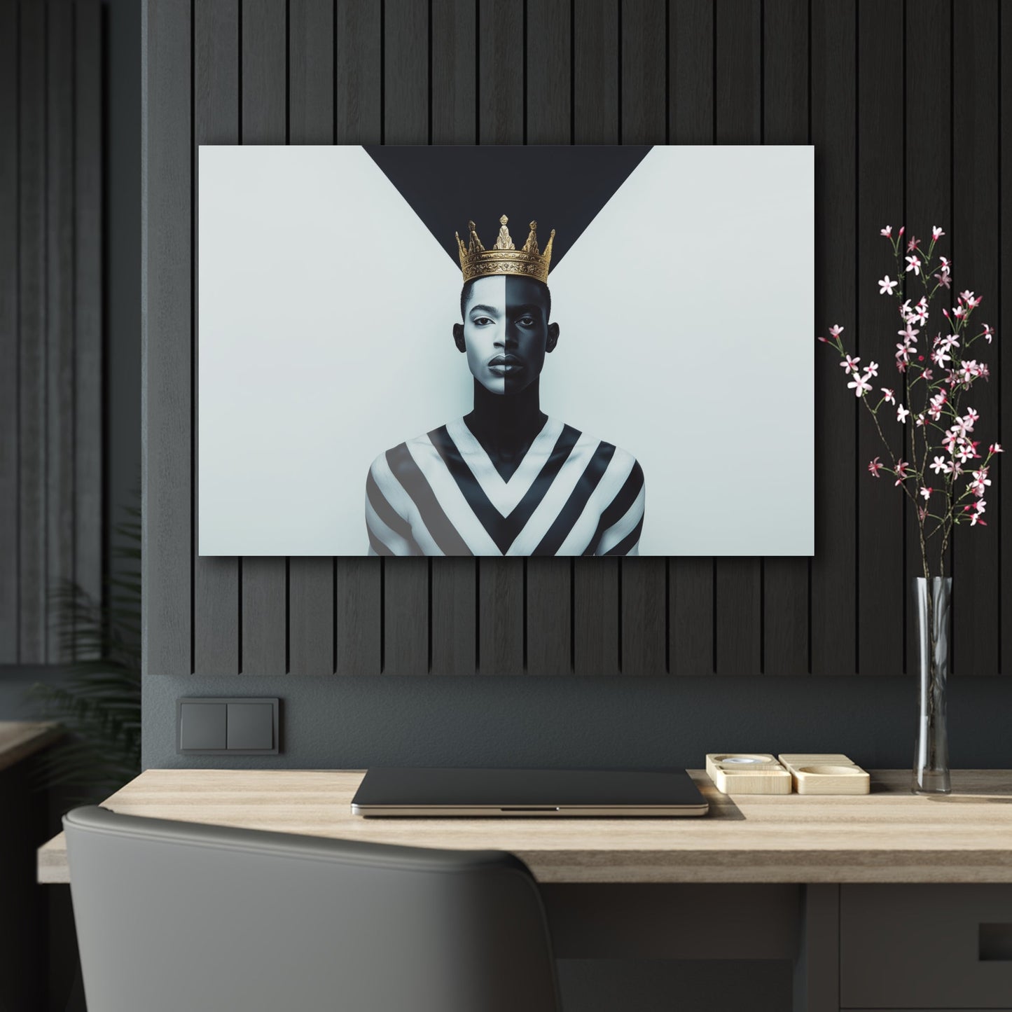 Horizontal-oriented wall art: "Crown of Dignity" A powerful portrait of a man wearing a golden crown, his face divided into bold black-and-white halves symbolizing balance and duality. The geometric background enhances the striking composition, blending regal elegance with modern precision.