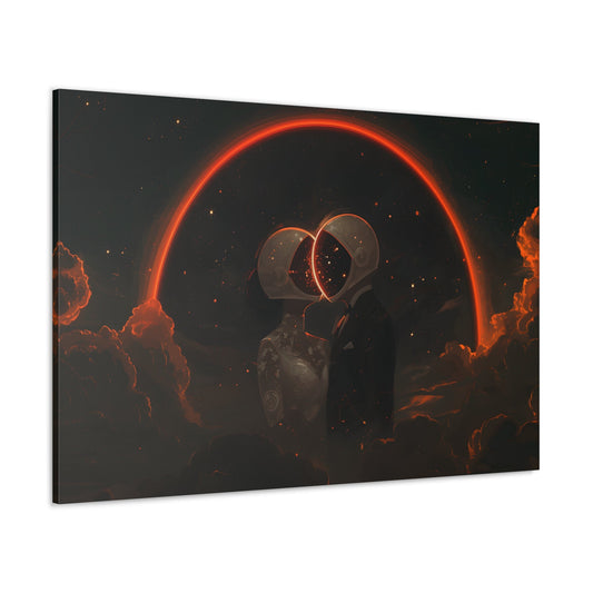 Horizontal-oriented wall art: Two astronauts, dressed in a tuxedo and a wedding dress, share a romantic kiss in space with their helmets forming a glowing heart shape. The dark, starry sky and the bright, orange-red halo create a whimsical and dreamy atmosphere.