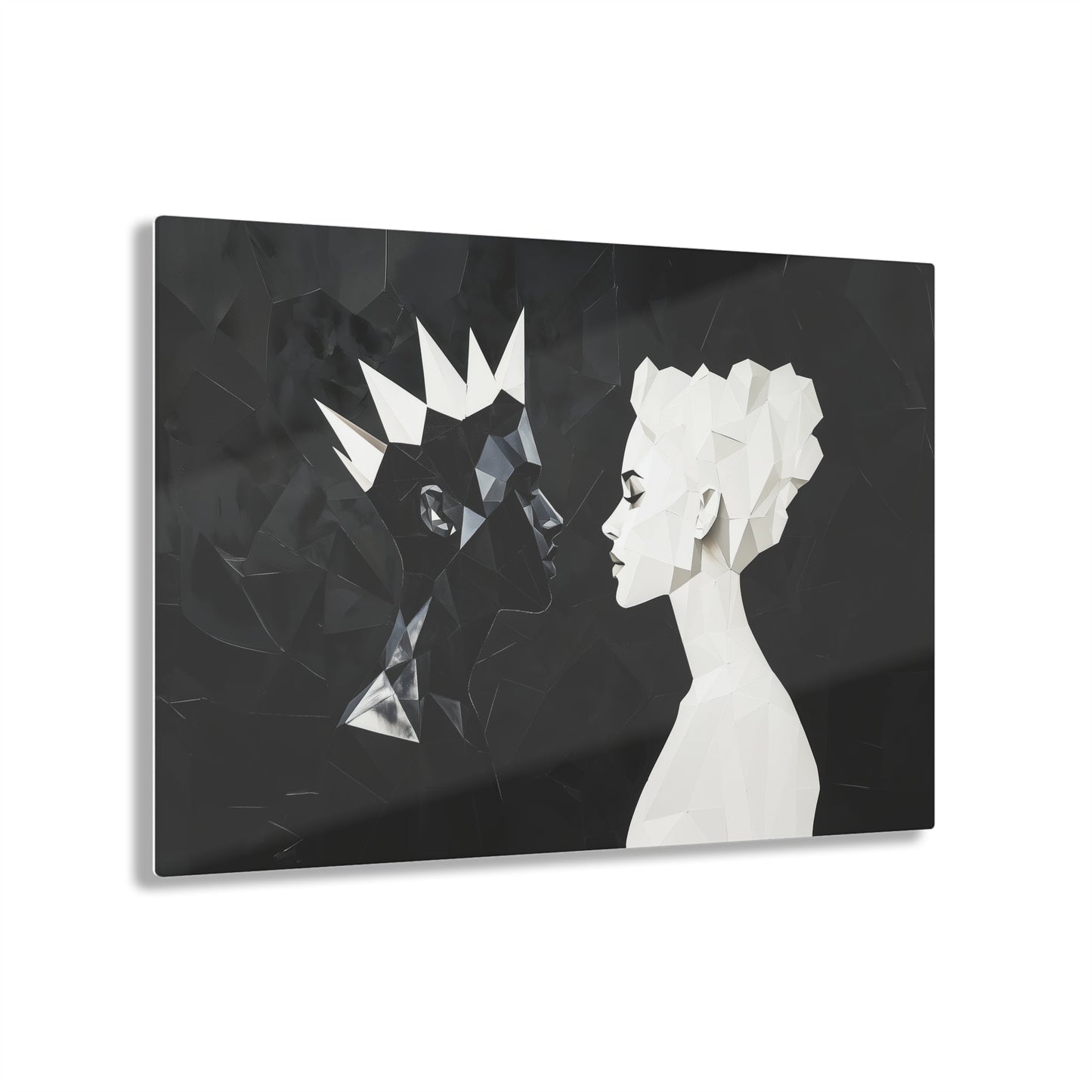 Horizontal-oriented wall art: "Kiss of Kings and Queens" A striking geometric artwork depicting an interracial couple, a Black king and a White queen, leaning in for an intimate moment, their fragmented profiles symbolizing unity and love. Bold black-and-white contrasts create a modern, abstract representation of harmony and diversity.