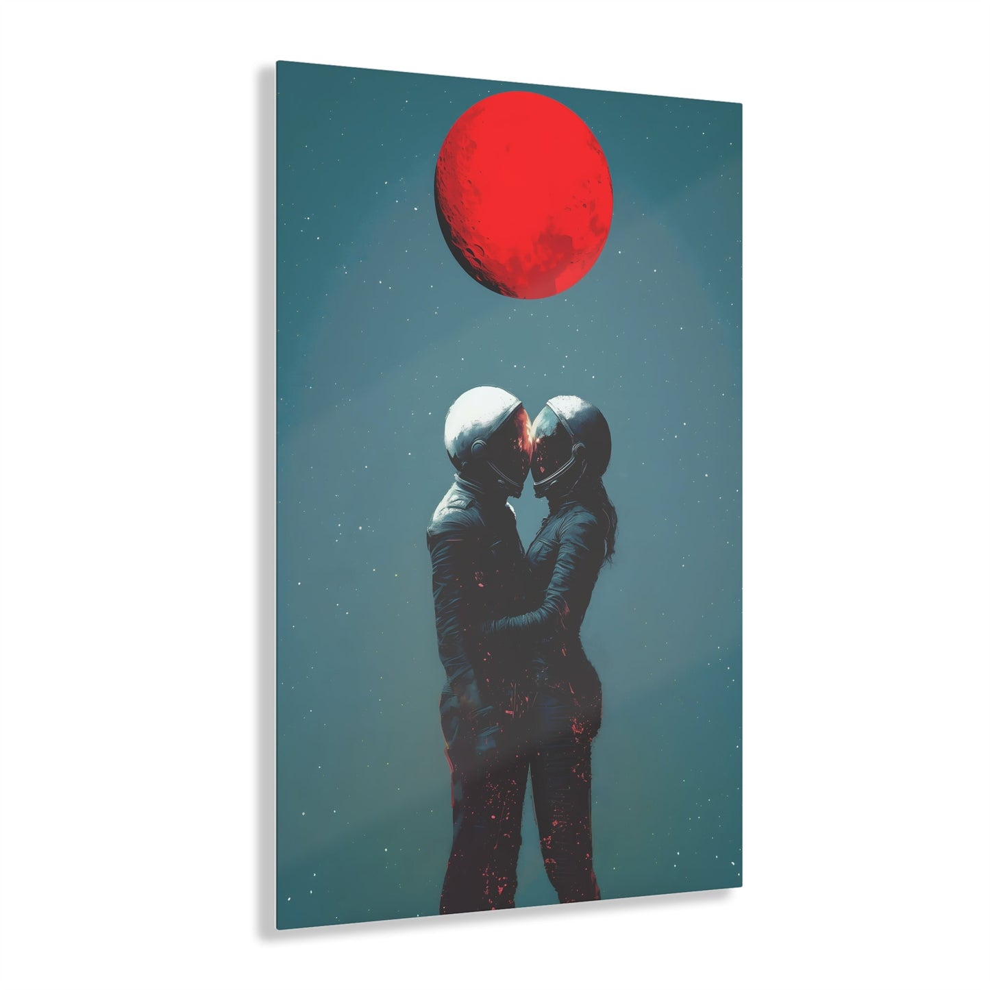 Vertical-oriented wall art: "Galactic Romance IV" depicts two astronauts embracing under a glowing red moon, their helmets gently touching as they share a moment of intimacy in space. The starry background contrasts with the fiery red moon, emphasizing the romantic and cosmic connection between the figures.