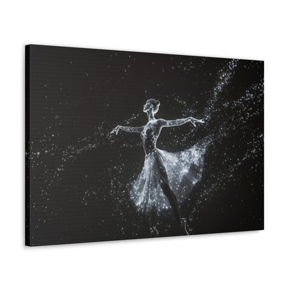 Horizontal-oriented wall art: "Cosmic Ballet III" A ballerina made of radiant, star-like dots gracefully dances against a dark, star-filled backdrop, her silhouette shining in monochromatic light. The scene captures the ethereal beauty of a cosmic dance, with stars trailing from her flowing skirt.