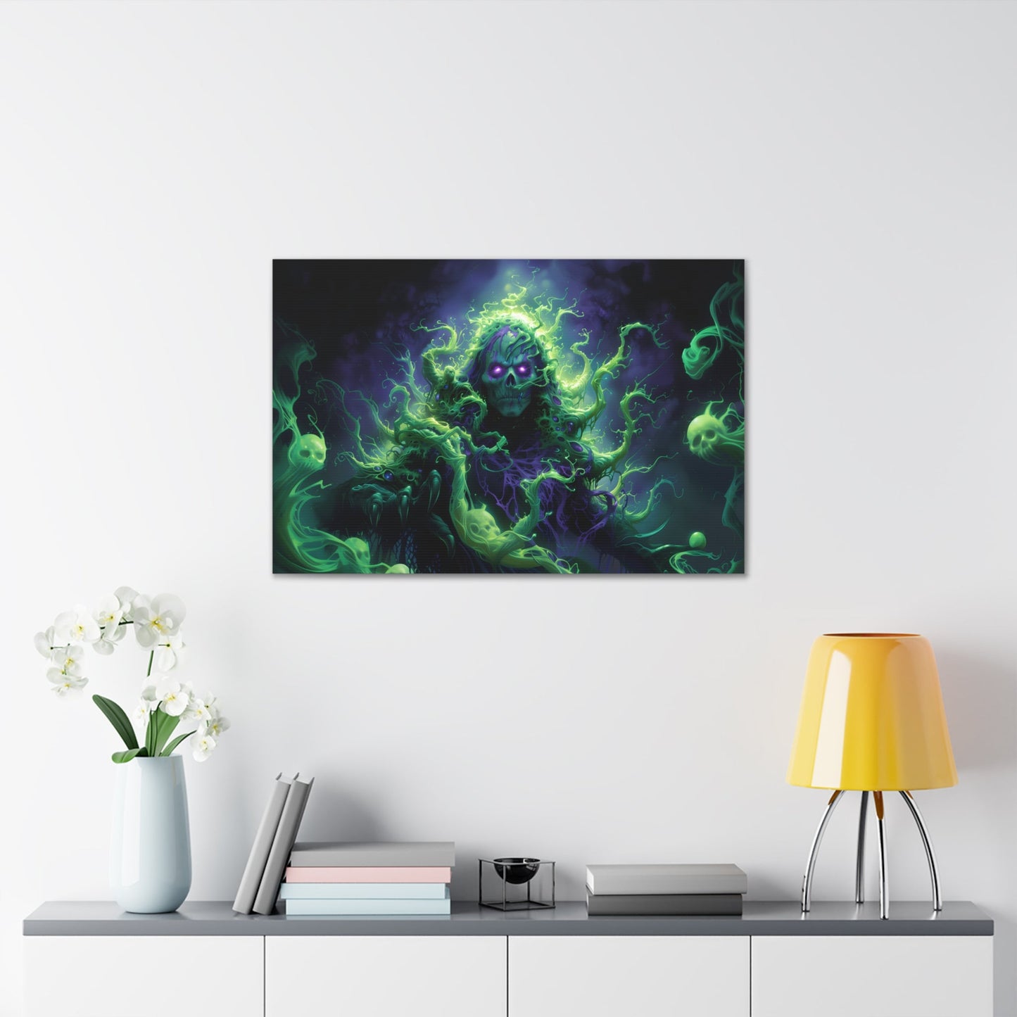 Horizontal-oriented artwork: An eerie illustration featuring a mystical lich with glowing eyes, surrounded by eldritch energies in shades of green and purple, against a dark, ominous background.