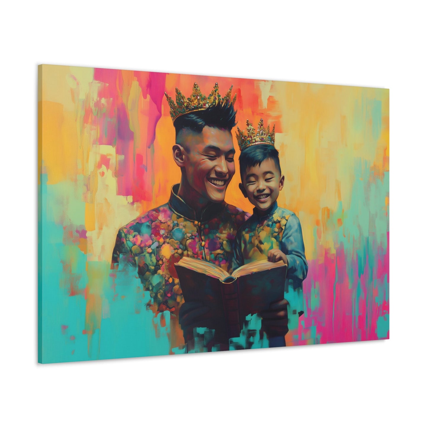 Horizontal-Oriented wall art: "Crowning Knowledge V" depicts a joyful father and son wearing golden crowns, smiling as they share a moment of reading together against a vibrant, abstract background of pinks, oranges, and blues. The artwork blends detailed portraiture with a playful, colorful backdrop, capturing the warmth and happiness of family bonds.