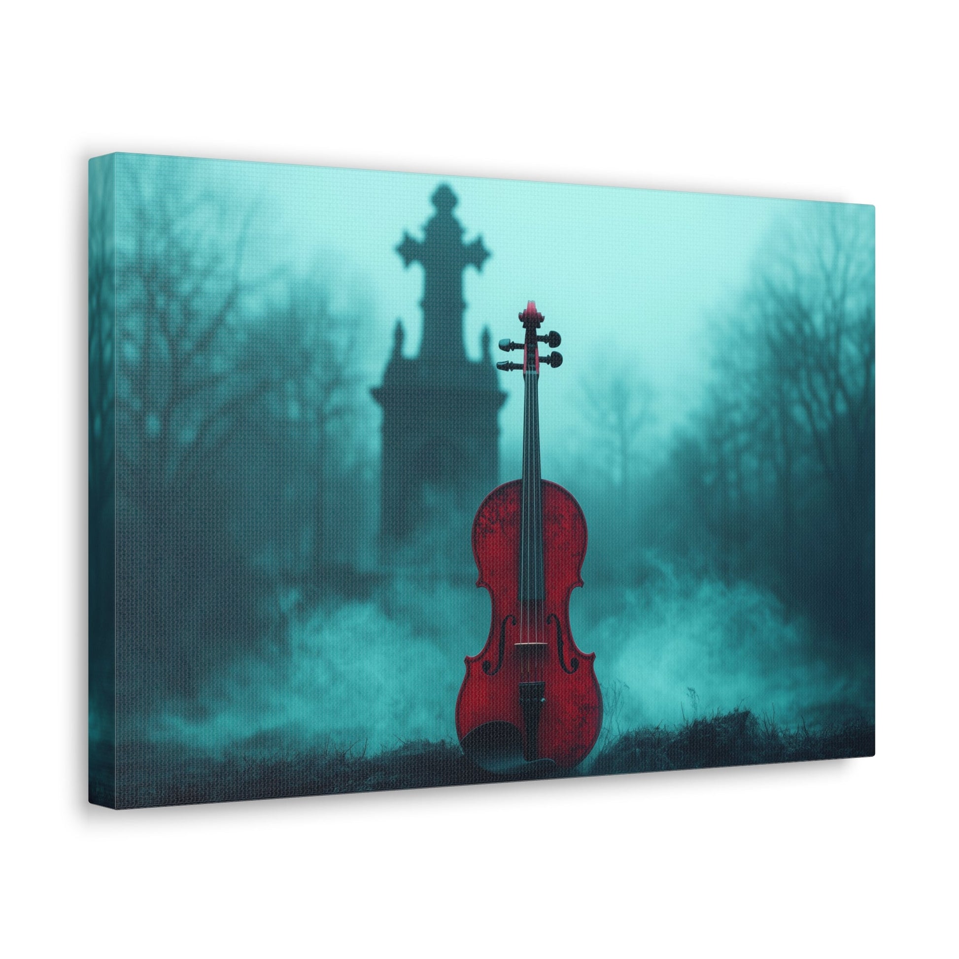 Horizontal-oriented wall art: "The Mourning Violin." A vivid red violin stands alone in a misty graveyard, framed by a dark, Gothic cross in the background. Diffused teal lighting and soft shadows create a haunting and melancholic atmosphere.