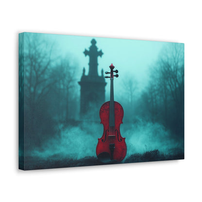 Horizontal-oriented wall art: "The Mourning Violin." A vivid red violin stands alone in a misty graveyard, framed by a dark, Gothic cross in the background. Diffused teal lighting and soft shadows create a haunting and melancholic atmosphere.