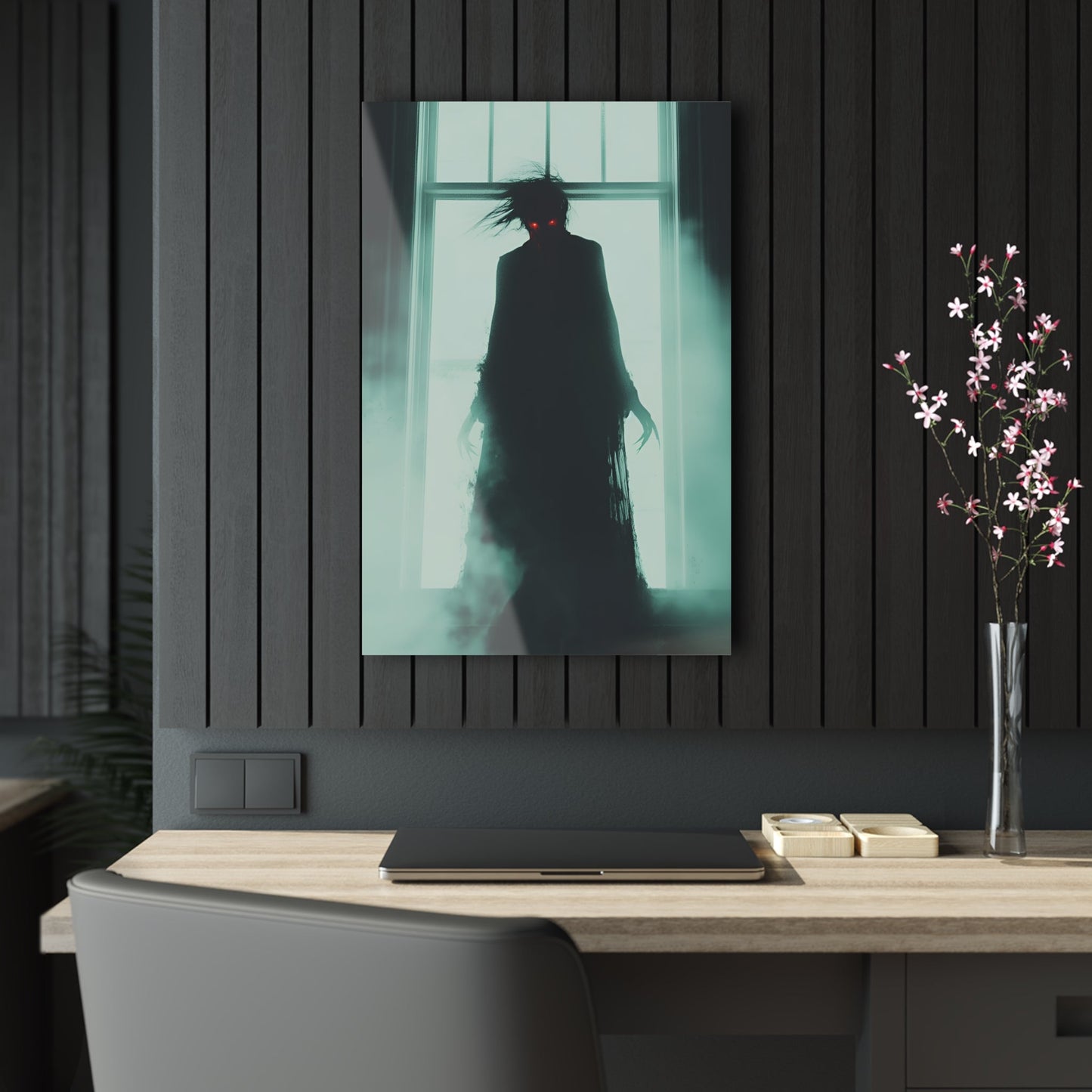 Vertical-oriented wall art: "Haunting Hunger II." A shadowy vampire figure with glowing red eyes stands in a mist-filled room, backlit by a bright window. The eerie atmosphere and chilling silhouette evoke a sense of supernatural dread and Gothic elegance.