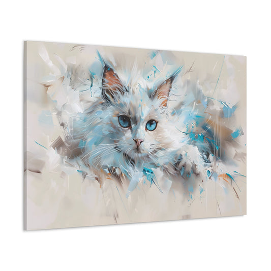 Horizontal-oriented wall art: A Ragdoll cat adorned in surreal dreamlike hues, surrounded by whimsical elements evoking enchantment and mystique.