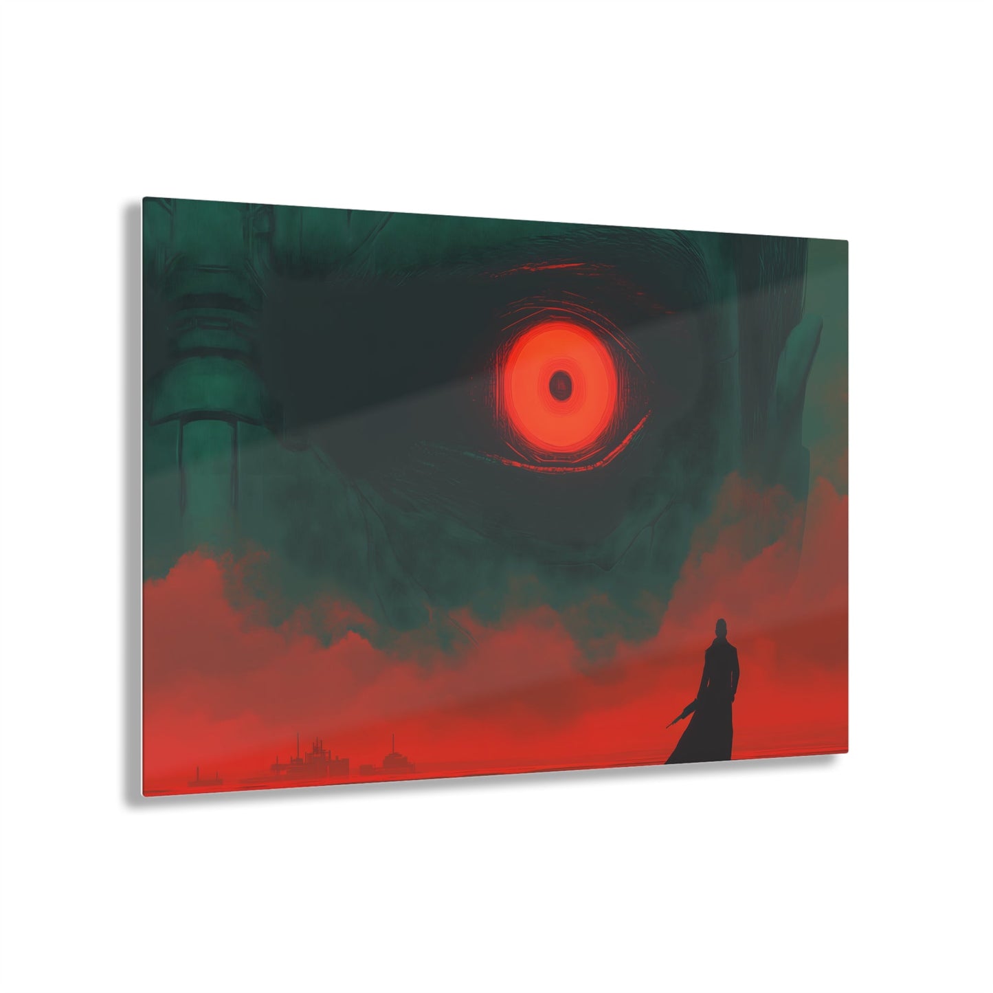 Horizontal-Oriented wall art: A lone hero stands before a massive, glowing red eye that dominates the dark, ominous landscape, symbolizing the looming threat of the final boss. The intense contrast of deep greens and fiery reds heightens the tension, capturing the moment before an epic battle.