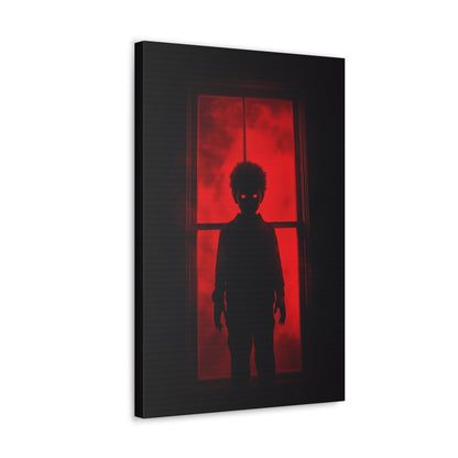 Vertical-oriented wall art: "Shadows in the Mist II." A shadowy child-like figure with glowing red eyes stands against a crimson-illuminated window, shrouded in red mist and black silhouettes, evoking an eerie and supernatural atmosphere.