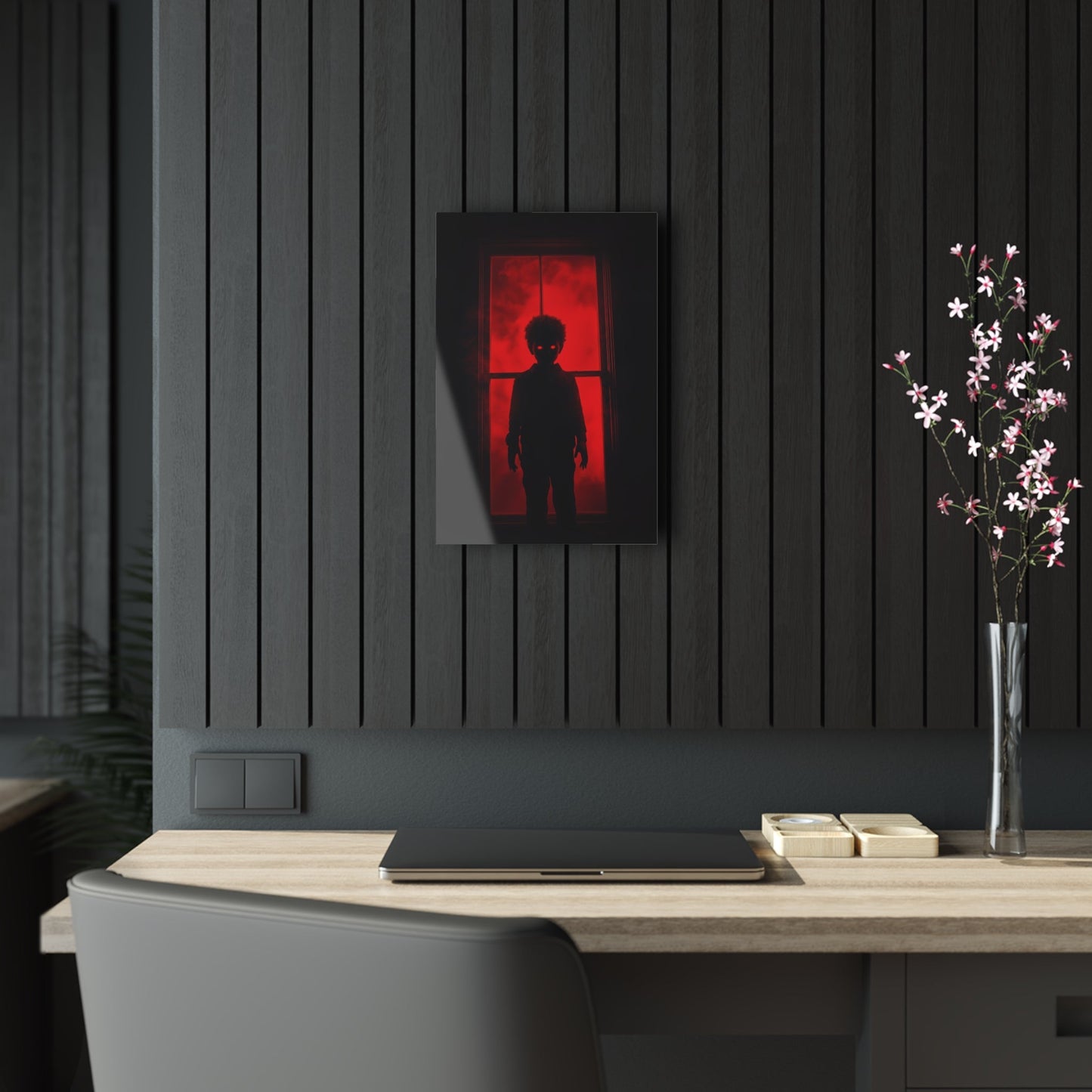 Vertical-oriented wall art: "Shadows in the Mist II." A shadowy child-like figure with glowing red eyes stands against a crimson-illuminated window, shrouded in red mist and black silhouettes, evoking an eerie and supernatural atmosphere.