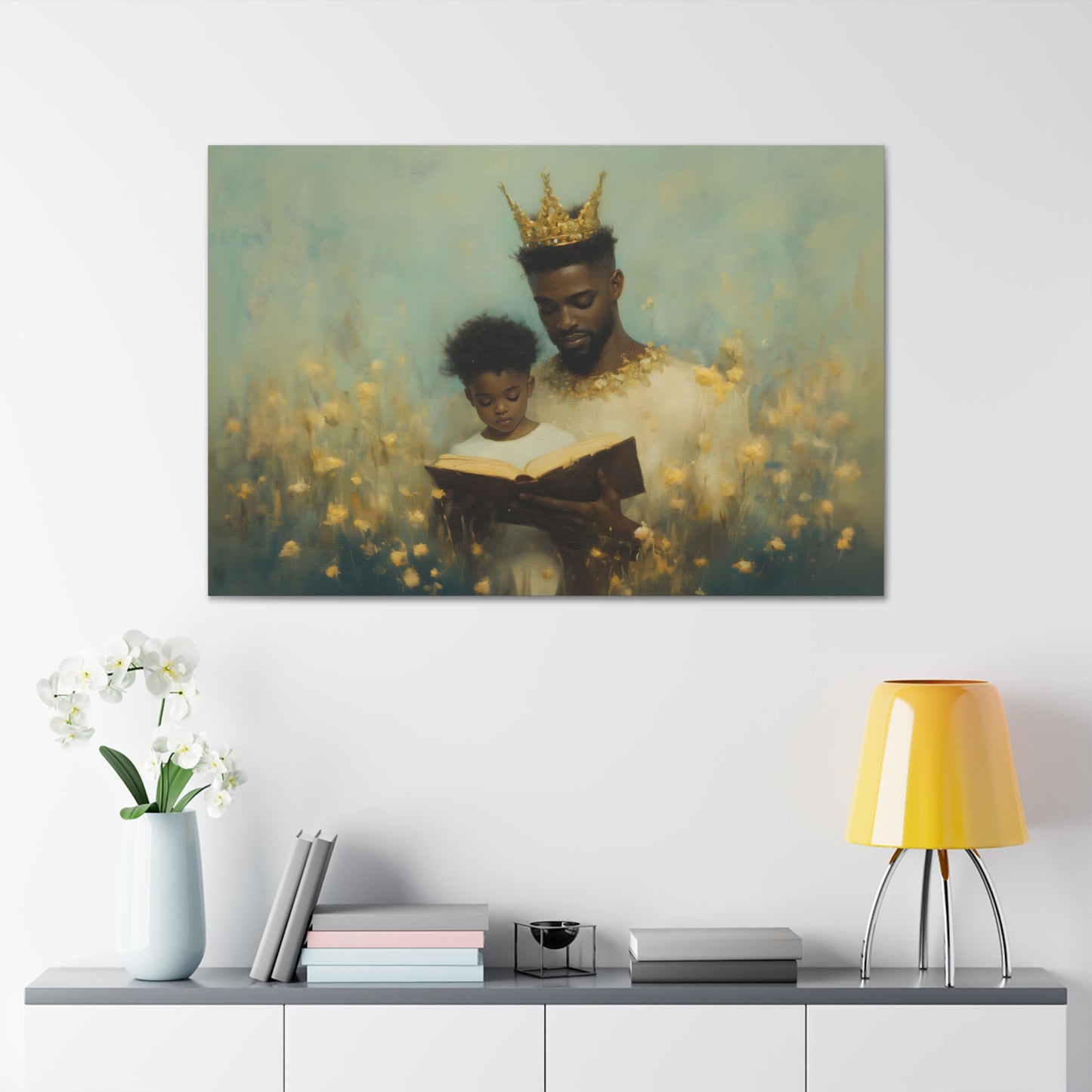 Horizontal-oriented wall art: A kingly father reads to his princely son, both adorned with crowns symbolizing the value of education. The painting features a magical realism style with whimsical elements, emphasizing the importance of knowledge and the bond between generations.